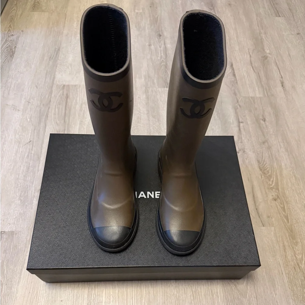 CHANEL Olive and Black Rain Boots SZ 7 - Picture 1 of 14
